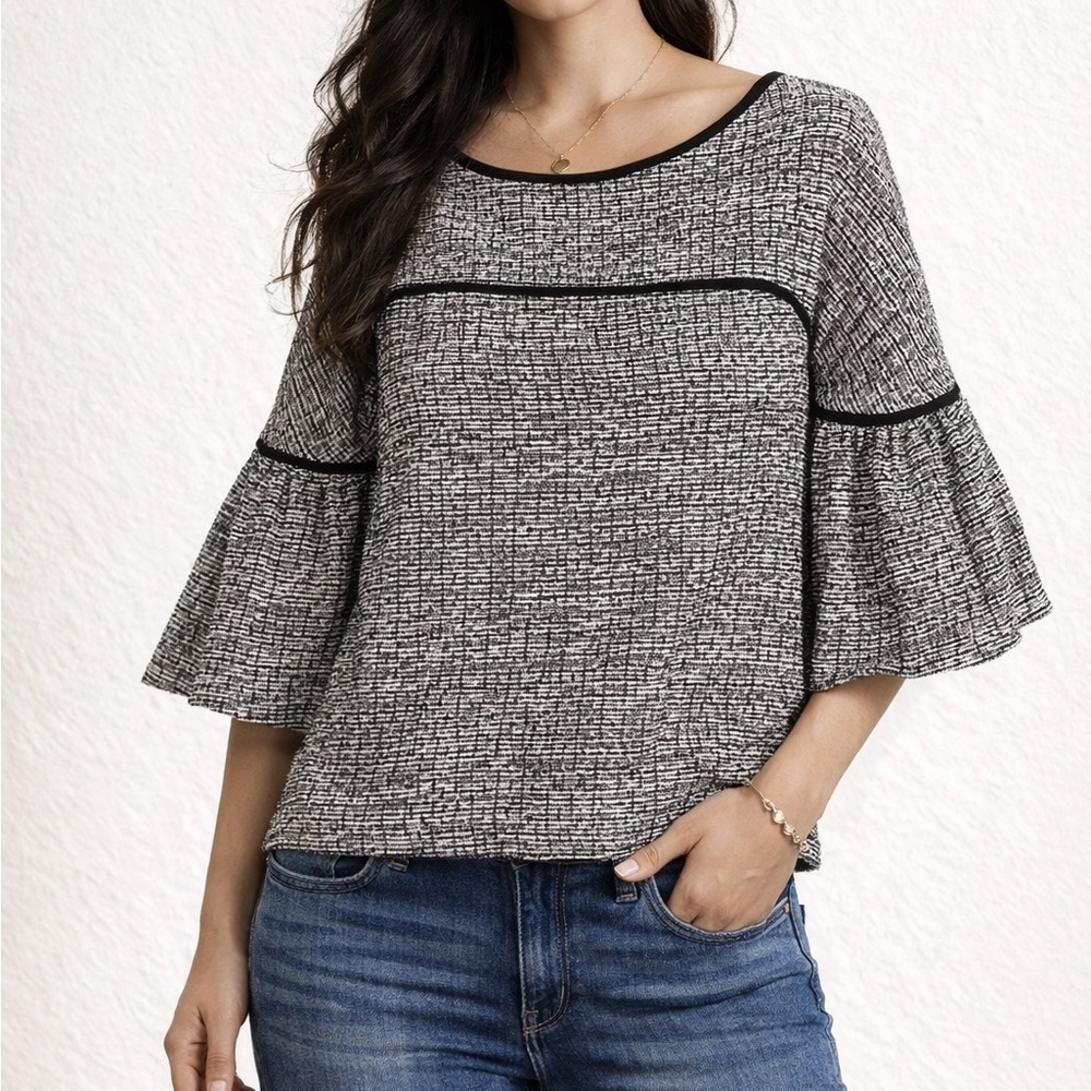 Calvin Klein Monochrome Flared Sleeve tweed Blouse